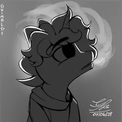 Size: 2784x2784 | Tagged: safe, artist:ch0c0sauri0, derpibooru import, oc, unofficial characters only, earth pony, pony, album cover, black and white, bow, bust, clothes, doodle, eyelashes, eyeshadow, grayscale, hair bow, image, lineart, makeup, male, minimalist, modern art, monochrome, original art, original character do not steal, png, portrait, scarf, simple background, sketch, smoking, solo, song reference, wip