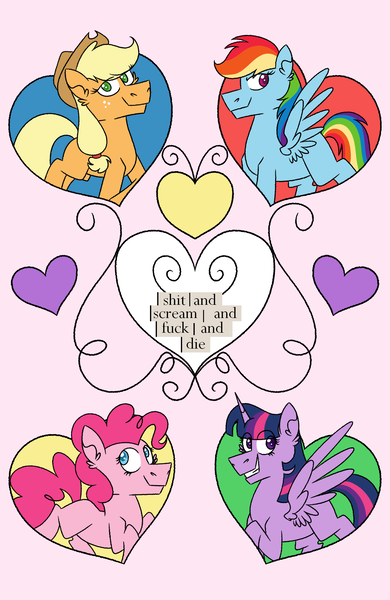 Size: 1300x2000 | Tagged: safe, artist:fuckomcfuck, derpibooru import, applejack, pinkie pie, rainbow dash, twilight sparkle, heart, image, pink background, png, simple background, text, vulgar