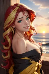 Size: 1024x1536 | Tagged: suggestive, ai content, derpibooru import, machine learning generated, sunset shimmer, beach, beautiful, big breasts, breasts, busty sunset shimmer, cleavage, clothes, cloud, female, g4, generator:yodayo, glossy, happy, image, jpeg, kimono (clothing), lips, long hair, looking at you, mole, ocean, outdoors, prompter:sammykun, sky, smiling, smiling at you, solo, sunset, teeth, water, wood