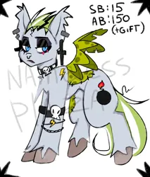 Size: 1700x2000 | Tagged: safe, artist:namelessplaza, derpibooru import, oc, unofficial characters only, pony, bracelet, commission, ear piercing, eyeshadow, image, jewelry, lidded eyes, makeup, nose piercing, patchwork, piercing, png, septum piercing, solo, spread wings, stitches, tail, unshorn fetlocks, watermark, wings, your character here