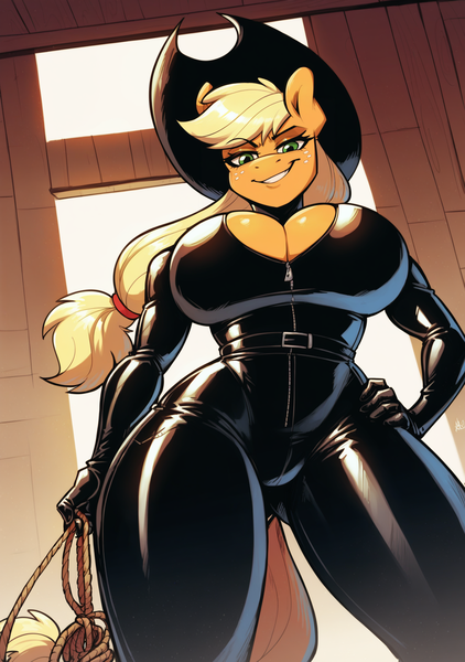 Size: 1440x2048 | Tagged: suggestive, ai content, derpibooru import, machine learning generated, stable diffusion, applejack, anthro, big breasts, bodysuit, breasts, catsuit, clothes, generator:pony diffusion v6 xl, gloves, hat, image, latex, latex gloves, latex suit, leather, looking at you, looking down, looking down at you, offscreen character, png, pov, prompter:inky heart, rope, rubber, rubber suit, smiling, smirk, socks, submissive pov, thick, thigh highs, thighs, thunder thighs