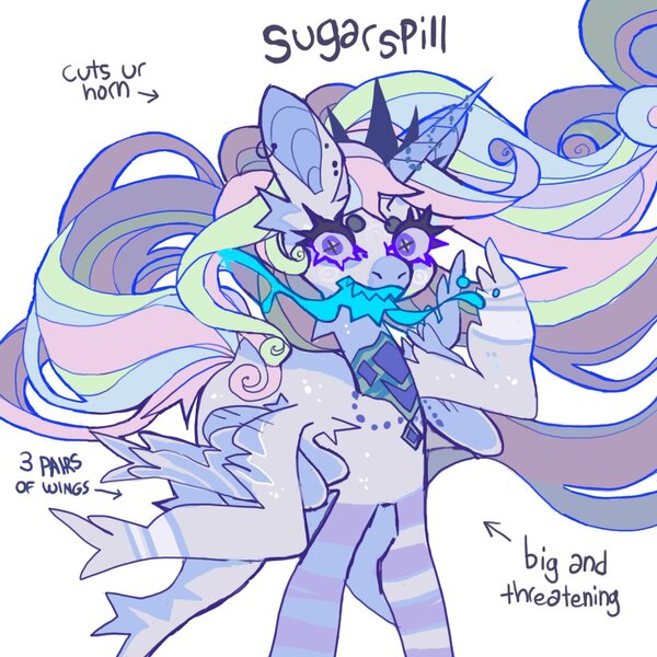 Size: 964x964 | Tagged: safe, artist:0saippua, artist:cutesykill, derpibooru import, oc, oc:sugarspill, unofficial characters only, alicorn, monster pony, pony, alicorn oc, bandage, bandaged wing, beanbrows, big ears, blood, bloody mouth, blue blood, colored eyebrows, colored eyelashes, colored muzzle, colored pinnae, colored pupils, colored sclera, colored teeth, crown, decapitated, ear fluff, ear piercing, earring, ethereal mane, ethereal tail, eyebrows, female, horn, image, jewelry, jpeg, leg stripes, long mane, long neck, long tail, looking away, mare, multicolored mane, multicolored tail, multiple wings, neck fluff, open mouth, peytral, piercing, purple eyelashes, purple pupils, purple sclera, regalia, sharp teeth, simple background, six wings, small wings, sparkly coat, standing, stripes, tail, teeth, text, thick eyelashes, tiara, unusual pupils, wavy mane, wavy tail, white background, white coat, wide eyes, wing fluff, wing stripes, wings