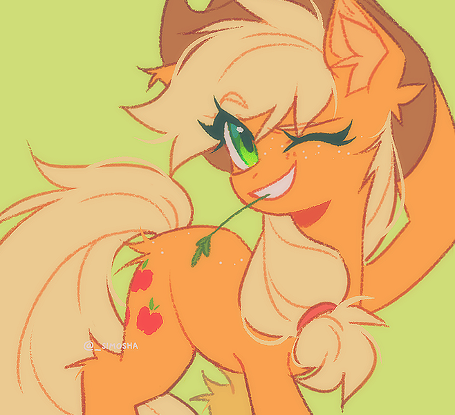 Size: 898x819 | Tagged: safe, artist:_simosha, derpibooru import, applejack, earth pony, pony, applejack's hat, cowboy hat, eye clipping through hair, eyebrows, eyebrows visible through hair, female, fluffy, freckles, g4, green background, hairband, hat, hoof on head, image, looking at you, mare, one eye closed, png, simple background, smiling, smiling at you, solo, straw in mouth, wink, winking at you