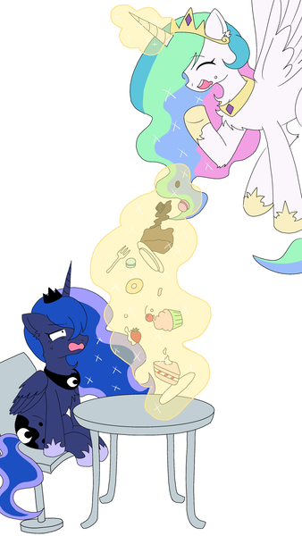 Size: 2298x4083 | Tagged: safe, artist:ruto_me, derpibooru import, princess celestia, princess luna, cake, cakelestia, food, image, png