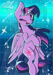 Size: 2480x3508 | Tagged: safe, artist:greydapone, artist:greyofurnama, derpibooru import, twilight sparkle, twilight sparkle (alicorn), alicorn, pony, abstract background, gradient background, image, looking at you, one eye closed, png, shooting star, solo, stars, wink, winking at you, zoom layer