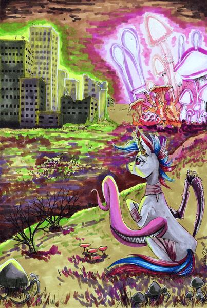 Size: 4228x6302 | Tagged: safe, artist:cahandariella, derpibooru import, oc, oc:snowi, unofficial characters only, dragon, spider, unicorn, fallout equestria, atg 2024, bone, building, commission, horn, image, jpeg, mushroom, mutant, newbie artist training grounds, skeleton, solo, traditional art