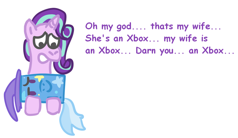 Size: 996x579 | Tagged: safe, artist:zoeyhorse, derpibooru import, starlight glimmer, trixie, pony, unicorn, dialogue, female, g4, horn, image, inanimate tf, lesbian, mare, png, shipping, simple background, simpsons did it, startrix, transformation, white background, xbox one