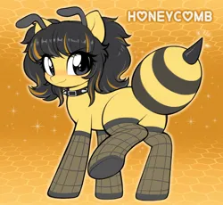 Size: 1550x1429 | Tagged: safe, artist:moozua, derpibooru import, oc, oc:honeycomb (moozua), unofficial characters only, bee pony, original species, pony, abstract background, antennae, big eyes, black mane, blank flank, blushing, butt, choker, clothes, colored, eye clipping through hair, eyebrows, eyebrows visible through hair, eyelashes, female, fishnet clothing, fishnets, flat colors, image, jpeg, mare, outline, pigtails, plot, raised leg, rear view, shiny eyes, shiny mane, short mane, smiling, socks, solo, sparkles, spiked choker, standing, stockings, text, thigh highs, tied mane, wingding eyes, yellow coat