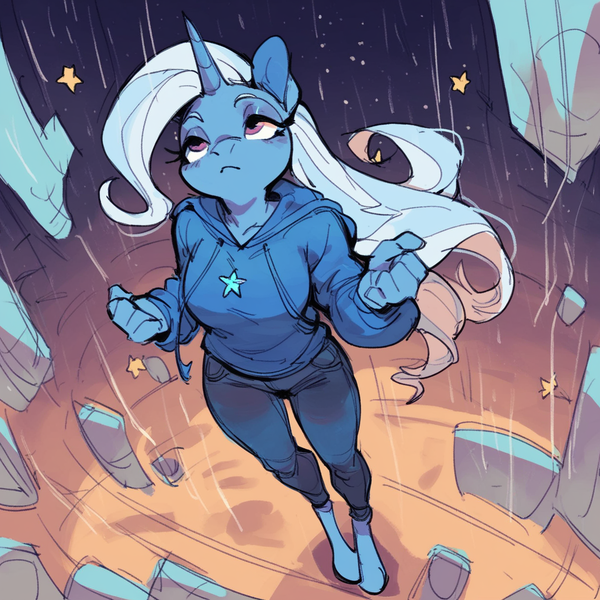 Size: 1328x1328 | Tagged: safe, ai content, derpibooru import, machine learning generated, prompter:plume-knifehorn, stable diffusion, trixie, anthro, unguligrade anthro, abstract background, clothes, denim, hoodie, image, jeans, lidded eyes, looking up, pants, png, rain, sad, stars, surreal