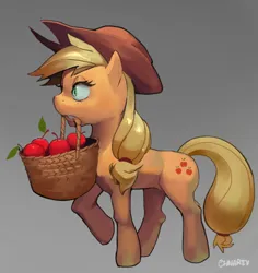 Size: 614x650 | Tagged: safe, artist:ohnarev, derpibooru import, part of a set, applejack, earth pony, pony, apple, apple basket, basket, female, food, g4, gradient background, image, mare, mouth hold, png, solo