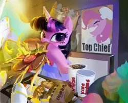 Size: 4009x3245 | Tagged: safe, artist:vondsketch, derpibooru import, pinkie pie, princess celestia, twilight sparkle, twilight sparkle (alicorn), alicorn, earth pony, pony, burger, burger king, burger king crown, cup, cupcake, drink, eating, eye reflection, female, food, french fries, g4, high res, image, jpeg, mare, meat, messy eating, ponies eating meat, reflection, restaurant, soda, that pony sure does love burgers, tray, trio, trio female, twilight burgkle