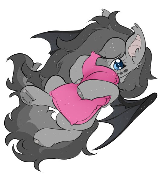 Size: 3682x4096 | Tagged: safe, artist:opalacorn, derpibooru import, oc, unofficial characters only, bat pony, pony, bat pony oc, bat wings, cute, female, freckles, frog (hoof), hair over one eye, hug, image, jpeg, lidded eyes, looking at you, mare, pillow, pillow hug, simple background, solo, underhoof, white background, wings