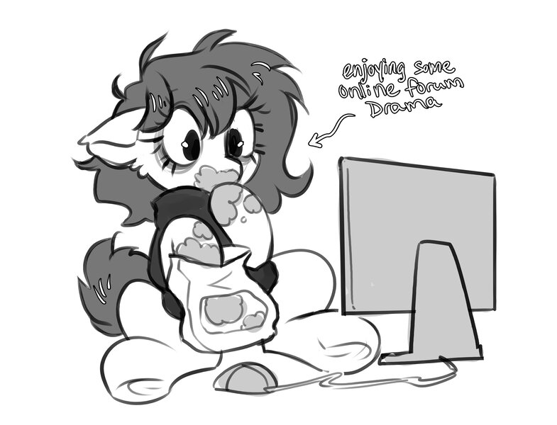 Size: 4096x3131 | Tagged: safe, artist:opalacorn, derpibooru import, oc, unofficial characters only, earth pony, pony, arrow, bags under eyes, black and white, computer mouse, eating, floppy ears, food, grayscale, image, jpeg, long eyelashes, messy eating, monitor, monochrome, simple background, sitting, snacks, solo, text, white background