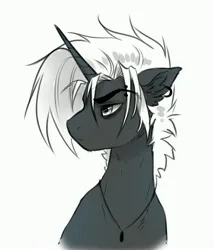 Size: 3509x4096 | Tagged: safe, artist:opalacorn, derpibooru import, oc, oc:ayreon, unofficial characters only, pony, unicorn, black and white, bust, ear piercing, earring, eyebrow piercing, grayscale, horn, image, jewelry, jpeg, male, monochrome, necklace, piercing, solo, stallion