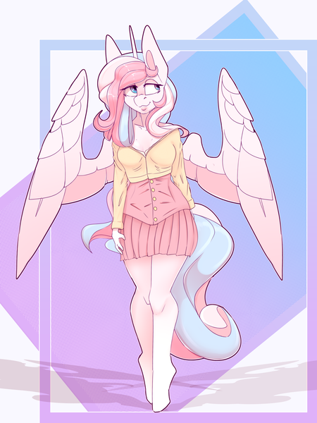 Size: 3000x4000 | Tagged: safe, artist:chapaevv, derpibooru import, oc, oc:pupcake, alicorn, anthro, plantigrade anthro, alicorn oc, clothes, commission, female, horn, image, png, simple background, standing, wings