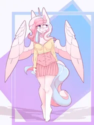 Size: 3000x4000 | Tagged: safe, artist:chapaevv, derpibooru import, oc, oc:pupcake, alicorn, anthro, plantigrade anthro, alicorn oc, clothes, commission, female, horn, image, png, simple background, standing, wings