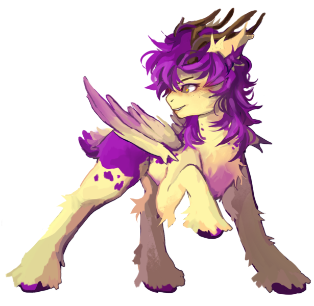 Size: 2248x2194 | Tagged: safe, artist:bitemassacre, derpibooru import, oc, oc:purple wingshade, unofficial characters only, deer, deer pony, hybrid, original species, pegasus, pony, antlers, colored wings, deer oc, deer tail, ear fluff, freckles, hoof fluff, image, male, markings, multicolored wings, non-pony oc, png, simple background, solo, splotches, spots, stallion, tail, transparent background, wings