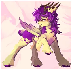 Size: 2248x2194 | Tagged: safe, artist:bitemassacre, derpibooru import, oc, oc:purple wingshade, unofficial characters only, deer, deer pony, hybrid, original species, pegasus, pony, antlers, colored background, colored wings, deer oc, deer tail, ear fluff, freckles, hoof fluff, image, markings, multicolored wings, non-pony oc, png, solo, splotches, spots, tail, wings