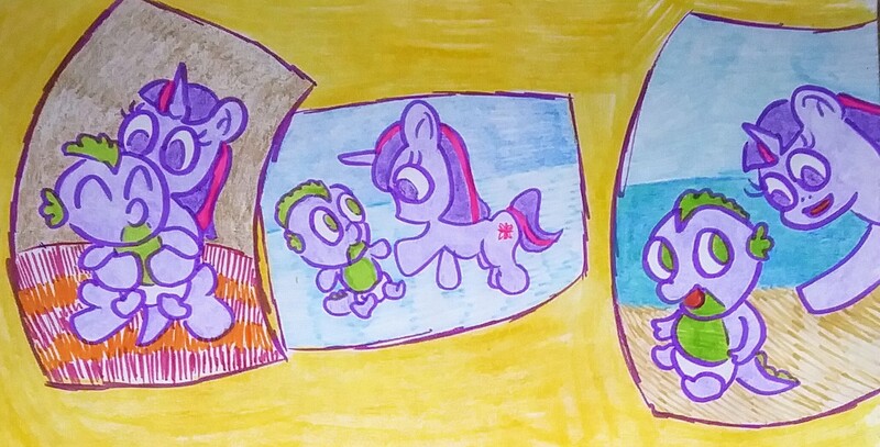 Size: 2070x1052 | Tagged: safe, artist:dex stewart, derpibooru import, spike, twilight sparkle, dragon, pony, unicorn, baby, baby dragon, baby spike, female, filly, filly twilight sparkle, horn, image, jpeg, traditional art, younger