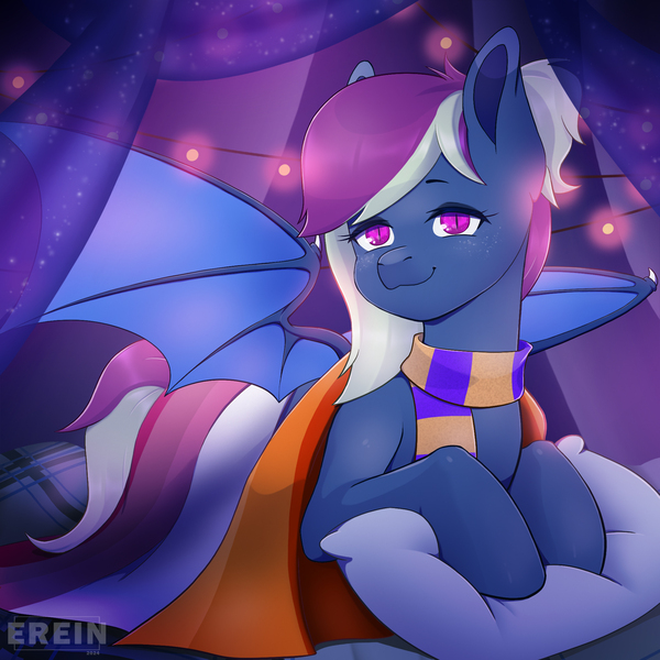 Size: 2000x2000 | Tagged: safe, alternate version, artist:erein, derpibooru import, oc, oc:magnolia wardenlight, unofficial characters only, bat pony, pony, alternate character, bat pony oc, bat wings, bedroom, clothes, colored wings, commission, ears up, eyeshadow, female, flag, garland, high res, image, indoors, jpeg, lesbian, lesbian pride flag, lgbt, looking at you, makeup, multicolored hair, multicolored tail, night, pillow, ponytail, pride, pride flag, pride month, room, scarf, smiling, smiling at you, solo, string lights, tail, wings, ych result