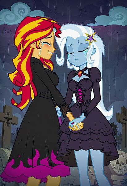 Size: 832x1216 | Tagged: safe, ai content, machine learning generated, prompter:tiamatnightmare, sunset shimmer, trixie, human, equestria girls, black dress, clothes, crying, dress, eyes closed, female, gravestone, graveyard, holding hands, humanized, image, jewelry, jpeg, lesbian, rain, ring, shipping, suntrix, wedding ring