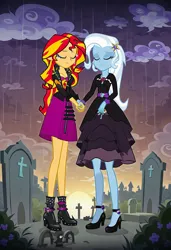 Size: 832x1216 | Tagged: safe, ai content, machine learning generated, prompter:tiamatnightmare, sunset shimmer, trixie, human, equestria girls, black dress, clothes, crying, dress, eyes closed, female, gravestone, graveyard, holding hands, humanized, image, jewelry, jpeg, lesbian, rain, ring, shipping, suntrix, wedding ring