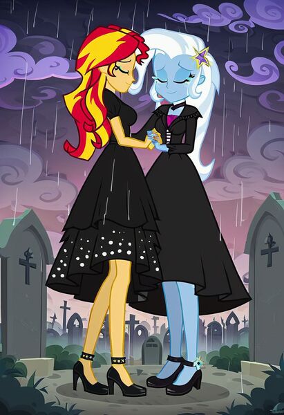 Size: 832x1216 | Tagged: safe, ai content, machine learning generated, prompter:tiamatnightmare, sunset shimmer, trixie, human, equestria girls, black dress, clothes, crying, dress, eyes closed, female, gravestone, graveyard, holding hands, humanized, image, jewelry, jpeg, lesbian, rain, ring, shipping, suntrix, wedding ring