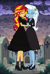 Size: 832x1216 | Tagged: safe, ai content, machine learning generated, prompter:tiamatnightmare, sunset shimmer, trixie, human, equestria girls, black dress, clothes, crying, dress, eyes closed, female, gravestone, graveyard, holding hands, humanized, image, jewelry, jpeg, lesbian, rain, ring, shipping, suntrix, wedding ring