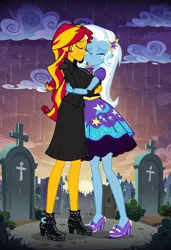 Size: 832x1216 | Tagged: safe, ai content, machine learning generated, prompter:tiamatnightmare, sunset shimmer, trixie, human, equestria girls, black dress, clothes, crying, dress, eyes closed, female, gravestone, graveyard, holding hands, hug, humanized, image, jewelry, jpeg, lesbian, rain, ring, shipping, suntrix, wedding ring