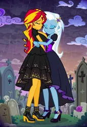 Size: 832x1216 | Tagged: safe, ai content, machine learning generated, prompter:tiamatnightmare, sunset shimmer, trixie, human, equestria girls, black dress, clothes, crying, dress, eyes closed, female, gravestone, graveyard, holding hands, hug, humanized, image, jewelry, jpeg, lesbian, rain, ring, shipping, suntrix, wedding ring