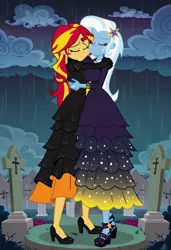 Size: 832x1216 | Tagged: safe, ai content, machine learning generated, prompter:tiamatnightmare, sunset shimmer, trixie, human, equestria girls, black dress, clothes, crying, dress, eyes closed, female, gravestone, graveyard, holding hands, hug, humanized, image, jewelry, jpeg, lesbian, rain, ring, shipping, suntrix, wedding ring