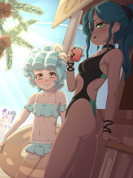 Size: 1200x1600 | Tagged: suggestive, artist:rockset, banned from derpibooru, cozy glow, diamond tiara, queen chrysalis, silver spoon, human, beach, bikini, child, clothes, drinking, female, humanized, image, lolicon, png, sexy, swimsuit, teenager, underage