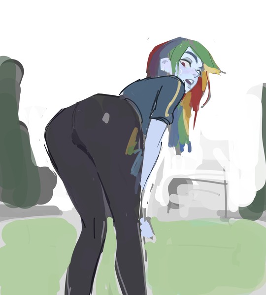 Size: 5305x5899 | Tagged: safe, artist:hyung7754, derpibooru import, rainbow dash, human, equestria girls, g4, butt, clothes, female, image, jpeg, looking at you, looking back, outdoors, rainbutt dash, solo, sweat, tight clothing