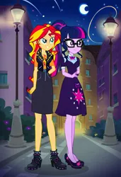 Size: 832x1216 | Tagged: safe, ai content, machine learning generated, prompter:tiamatnightmare, sci-twi, sunset shimmer, twilight sparkle, human, equestria girls, black dress, city, cityscape, clothes, dress, female, glasses, humanized, image, jpeg, lesbian, night, ponytail, shipping, sunsetsparkle