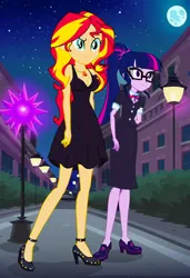 Size: 832x1216 | Tagged: safe, ai content, machine learning generated, prompter:tiamatnightmare, sci-twi, sunset shimmer, twilight sparkle, human, equestria girls, black dress, city, cityscape, clothes, dress, female, glasses, humanized, image, jpeg, lesbian, night, ponytail, shipping, sunsetsparkle