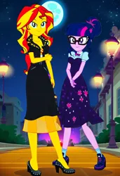 Size: 832x1216 | Tagged: safe, ai content, machine learning generated, prompter:tiamatnightmare, sci-twi, sunset shimmer, twilight sparkle, human, equestria girls, black dress, city, cityscape, clothes, dress, female, glasses, humanized, image, jpeg, lesbian, night, ponytail, shipping, sunsetsparkle