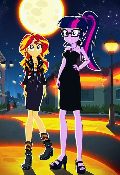 Size: 832x1216 | Tagged: safe, ai content, machine learning generated, prompter:tiamatnightmare, sci-twi, sunset shimmer, twilight sparkle, human, equestria girls, black dress, city, cityscape, clothes, dress, female, glasses, humanized, image, jpeg, lesbian, night, ponytail, shipping, sunsetsparkle