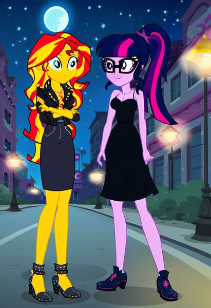 Size: 832x1216 | Tagged: safe, ai content, machine learning generated, prompter:tiamatnightmare, sci-twi, sunset shimmer, twilight sparkle, human, equestria girls, black dress, city, cityscape, clothes, dress, female, glasses, humanized, image, jpeg, lesbian, night, ponytail, shipping, sunsetsparkle