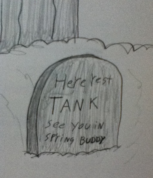 Size: 720x842 | Tagged: safe, artist:lunashy21, derpibooru import, tank, season 5, tanks for the memories, g4, gravestone, hibernation, hilarious in hindsight, image, jpeg, monochrome, no pony, object, object(s) only, requested art, requester:railpony, requester:taionafan369, snow, traditional art, tree, winter