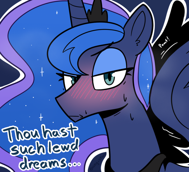 Size: 1140x1039 | Tagged: safe, artist:icey, derpibooru import, princess luna, alicorn, pony, blushing, female, g4, image, looking at you, mare, onomatopoeia, png, pomf, spread wings, sweat, talking to viewer, wingboner, wings