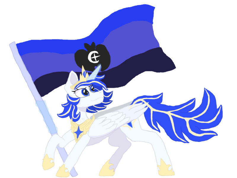 Size: 2048x1536 | Tagged: safe, artist:silverfishv9, derpibooru import, oc, oc:azure star (silverfishv9), unofficial characters only, alicorn, alicorn oc, blue eyes, blue mane, clothes, crown, element of harmony, element of laughter, flag, glow, glowing horn, highlights, horn, image, jewelry, magic, png, regalia, shoes, simple background, solo, telekinesis, wings