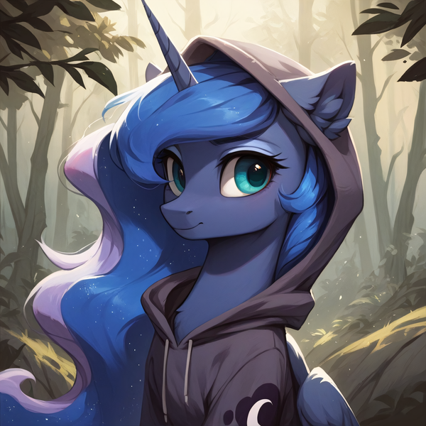 Size: 2048x2048 | Tagged: safe, ai content, derpibooru import, generator:autismmixpony, machine learning generated, prompter:liladash, stable diffusion, princess luna, alicorn, pony, chest fluff, clothes, cute, ear fluff, forest, forest background, g4, hoodie, horn, image, png, sitting, smiling, solo, tree, wings