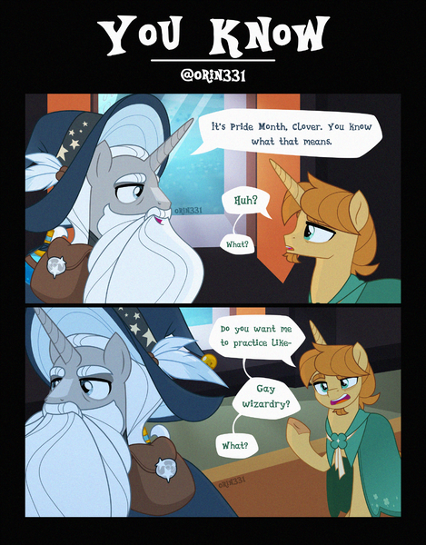 Size: 2560x3274 | Tagged: safe, artist:orin331, derpibooru import, clover the clever, star swirl the bearded, classical unicorn, pony, unicorn, 2 panel comic, bag, bags under eyes, beard, cloven hooves, clover the clever's cloak, comic, dialogue, duo, duo male, facial hair, hat, horn, image, leonine tail, male, png, potion, raised hoof, saddle bag, speech bubble, unshorn fetlocks, wizard hat, wizard robe