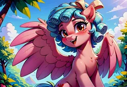 Size: 4864x3306 | Tagged: safe, ai content, machine learning generated, prompter:axeleif, cozy glow, pegasus, pony, cozybetes, cute, female, forest, image, jpeg, looking at you, prompt in description, sky, solo, solo female, tree, wings