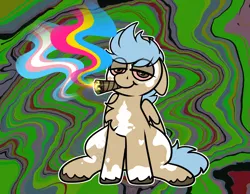Size: 1348x1048 | Tagged: safe, alternate version, artist:bluemoon, derpibooru import, oc, oc:onyx, unofficial characters only, pegasus, pony, abstract background, alternate character, blunt, chest fluff, coat markings, colored hooves, commission, drugs, floppy ears, high, hooves, image, lidded eyes, looking at you, male, male oc, marijuana, pansexual pride flag, pegasus oc, png, pride, pride flag, sitting, smoke weed everyday, smoking, spots, stallion, stallion oc, transgender pride flag, trippy, wings, ych result