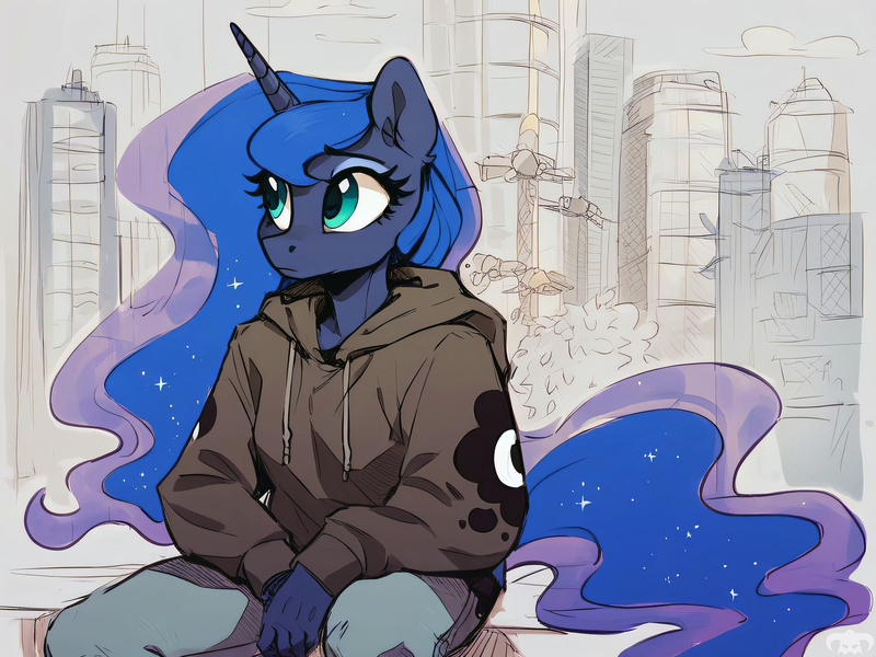 Size: 2048x1536 | Tagged: safe, ai content, artist:dovakkins, derpibooru import, machine learning assisted, princess luna, alicorn, anthro, pony, city, clothes, cute, derpibooru exclusive, ear fluff, female, g4, hoodie, image, jpeg, looking at something, mare, pants, sad, sadorable, sitting, solo, tail, watermark, wavy mane, wavy tail, wingless, wingless alicorn