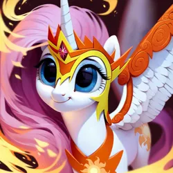 Size: 1024x1024 | Tagged: safe, ai content, derpibooru import, machine learning generated, prompter:anonymous, stable diffusion, fluttershy, oc, oc:flutterbreaker, alicorn, pony, alicorn oc, blue eyes, blue eyeshadow, cute, daybreaker armor, eyeshadow, female, fire, fluttershy mane, generator:pony diffusion v6 xl, horn, image, jpeg, makeup, mare, pink mane, pony oc, princess celestia's cutie mark, prompt in description, rarity eyelashes, smiling, solo, spread wings, white coat, wings