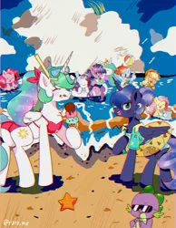 Size: 3180x4089 | Tagged: safe, artist:ruto_me, derpibooru import, applejack, fluttershy, pinkie pie, princess celestia, princess luna, rainbow dash, rarity, spike, twilight sparkle, twilight sparkle (alicorn), alicorn, beach, clothes, drink, drinking, food, high res, ice cream, image, mane seven, mane six, png, summer, sunglasses