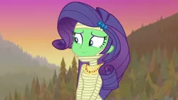 Size: 1280x720 | Tagged: safe, artist:tylerajohnson352, derpibooru import, screencap, rarity, equestria girls, bandage, female, g4, green skin, hairpin, halloween, holiday, image, jewelry, monster, mummy, necklace, png, solo, transformation