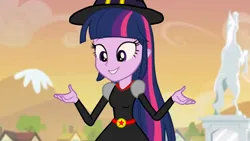 Size: 1280x720 | Tagged: safe, artist:tylerajohnson352, derpibooru import, screencap, twilight sparkle, twilight sparkle (alicorn), alicorn, equestria girls, beautiful, belt, clothes, cute, dress, female, g4, halloween, hat, holiday, image, monster, png, solo, transformation, witch, witch hat